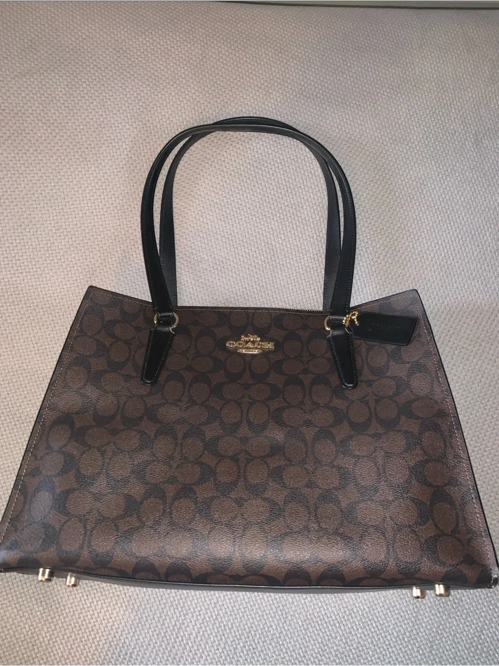 Coach Brown Signature Canvas Tote with Black Straps and Gold Hardware